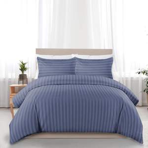 <span class=keywords><strong>Copripiumino</strong></span> doppio <span class=keywords><strong>blu</strong></span> scuro Set di qualità Hotel strisce raso biancheria da letto letto <span class=keywords><strong>matrimoniale</strong></span> con 2 federe - Product Image 1