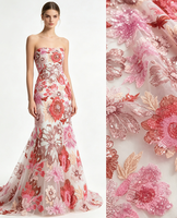 Schweizer Voile-Spitzenstoff mit schwerer Pailletten-Stickerei, mehrfarbig, Rosa, Rotwein, Dahlienblüten-Mesh-Tüll, Aso Ebi Hochzeitskleid