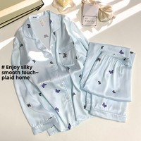 Piyama Wanita Satin Baru 2025, Tipis, Bernapas, Sensasi Sejuk, Motif Kupu-kupu Kecil, Set Pakaian Rumah Musim Semi Gugur, Pinggang Elastis