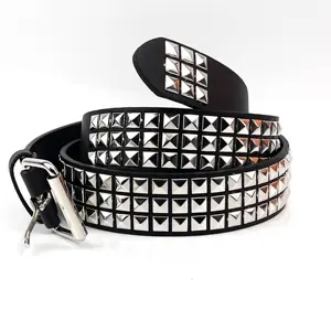 Cinturón de cuero sintético con tachuelas para hombre y mujer, Cinturón de piel sintética con cuentas cuadradas de Metal de tres filas, estilo Punk, color negro, 3,8x120cm, 172G