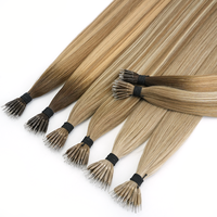 Extensiones de Cabello Humano Superiores con Anillas Nano, Cabello Sal y Pimienta, Doble Trama, Punta con Anilla Nano, 100% Cabello Humano