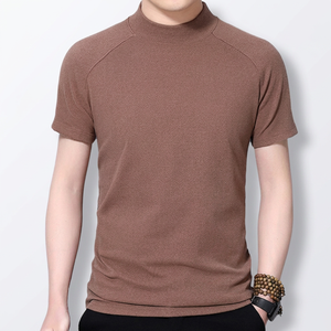 Men's High <b>Collar</b> Short Sleeve Knitted <b>T</b>-<b>Shirt</b> Solid Color Slim Fit Casual Top Brown <b>Shirt</b> For Summer - Product Image 2