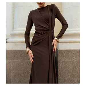 Abito Lungo Monocolore <span class=keywords><strong>Bordeaux</strong></span> a <span class=keywords><strong>Maniche</strong></span> <span class=keywords><strong>Lunghe</strong></span> con Design Drappeggiato, Ecologico, Vita Naturale, Linea ad A, Chic e Casual per l'Estate Donna - Product Image 1