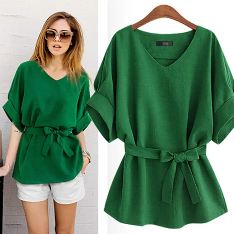 New Women Fashion With Blouses Vintage Short Sleeve Lapel Green Knot Decoration Female Shirts Chic Tops