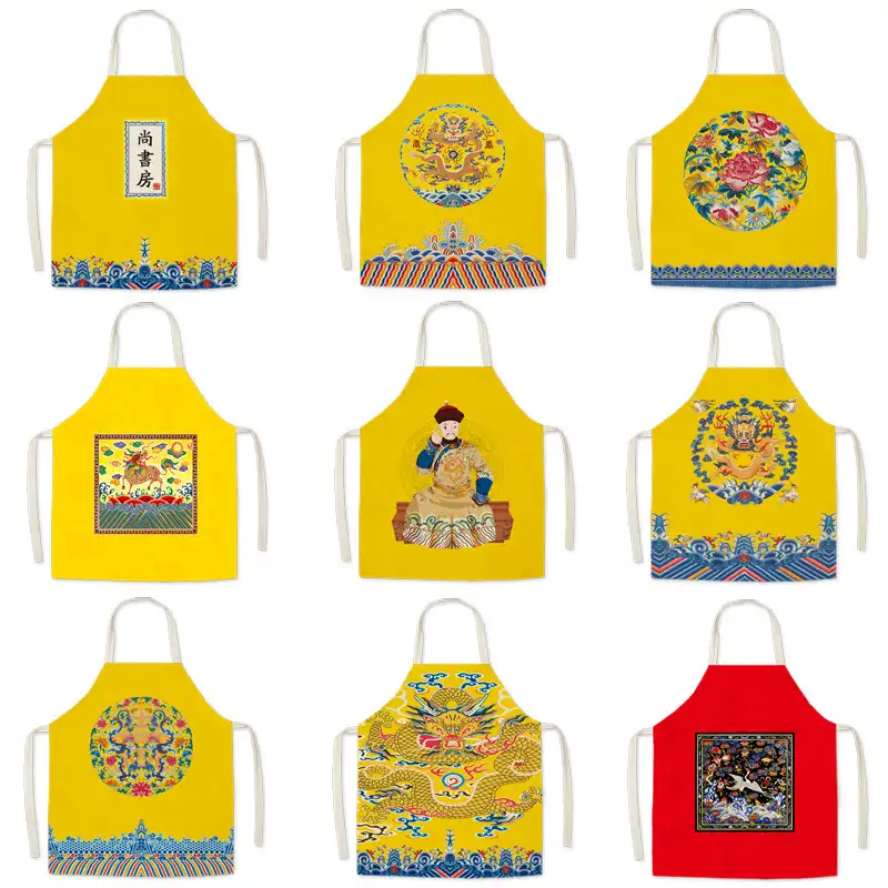 Chinese style print apron forbidden city custom funny aprons with design bbq kitchen adult bibs for restaurants