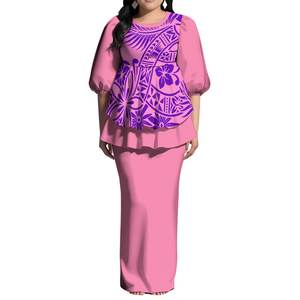 2025新到Puletasi褶边连衣裙定制萨摩亚印花粉扑袖长裙波利尼西亚背缝女士连衣裙两件套 - Product Image 1