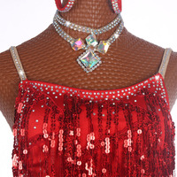 Robe de danse latine pour femmes, rouge, à franges et paillettes, avec strass, bretelles spaghetti, dos nu, costume de performance professionnel pour salsa