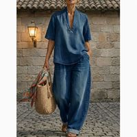 Ensemble deux pièces décontracté style vacances pour femme : haut ample à manches courtes en jean col en V et pantalon large – Collection été 2026