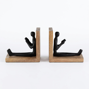 AK Brass Metal Reading Man Figurine on Wood <b>Bookends</b> in Black Finished Set of 2 For Library Decor / Room Decor - Product Image 4