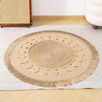 Tapis décoratif d'intérieur en jute naturelle tressé à la main avec pompons et motif cercle ajouré pour chambre, salon, couloir, chambre d'adolescent
