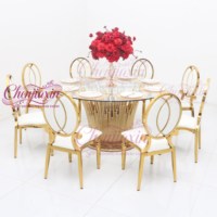 Chaises et tables de réception de luxe en acier inoxydable doré, durables et à bon prix, pour événements et salles de mariage