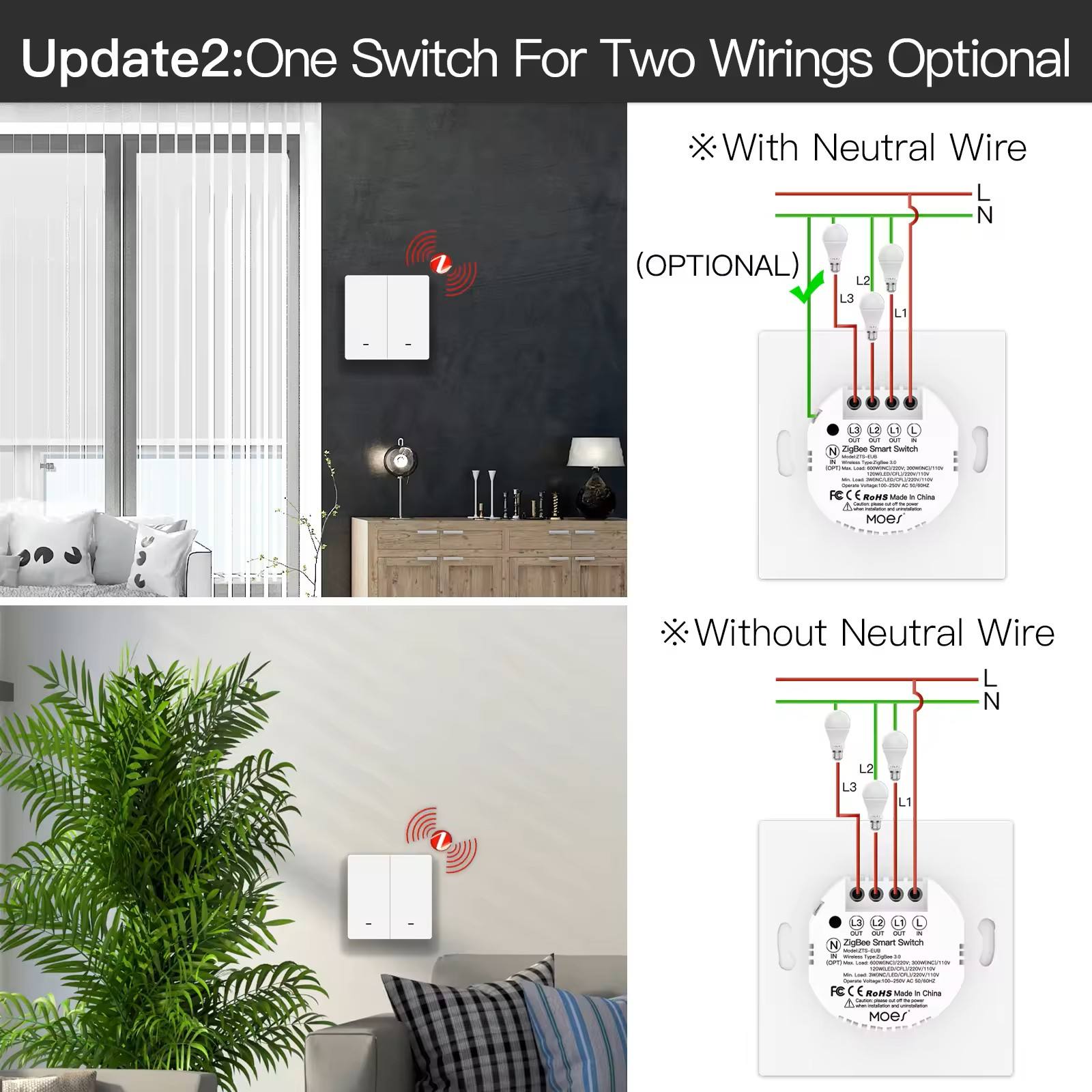 ZigBee Smart Wall Light Switch with Neutral Wire or No Neutral Wire Wiring No Capacitor Needed Smart Life/Tuya 2/3 Way