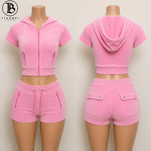 Y2K Velour <strong>Tracksuit</strong> for <strong>Women</strong> Custom LOGO Two Piece <strong>Velvet</strong> Set Zip up Hoodie Crop Jacket and Biker Shorts Velour Sweatsuits Set - Product Image 5