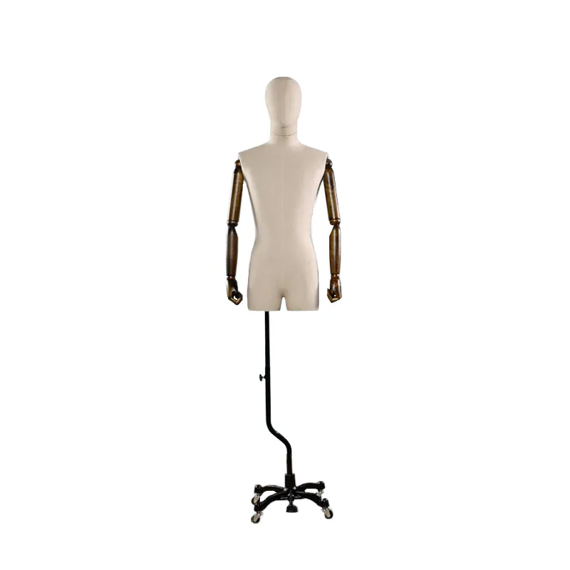 Fiberglass male half body display tailoring mannequin with wooden arms and head and pedestal glossy mannequin