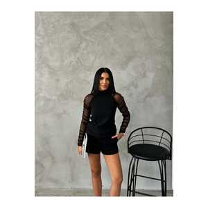 Blouse en tissu ottoman pour femme, manches longues, avec superposition transparente, style minimaliste, haut en maille pour le quotidien - Product Image 2