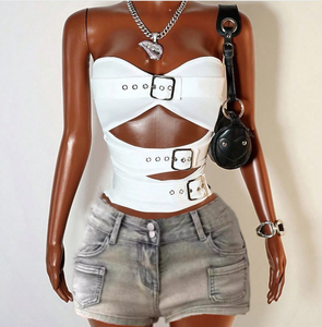 Viviblook Z310ST03 Women Summer <b>Set</b> Hollow Vest Matching Denim Shorts Two Piece <b>Set</b> - Product Image 1