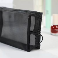 Trousse de Maquillage en Nylon Noir à Faible MOQ, Grande Trousse de Voyage en Maille, Pochette pour Kit de Maquillage, Accessoires de Beauté, Pochette Zippée, Trousse de Toilette Cosmétique