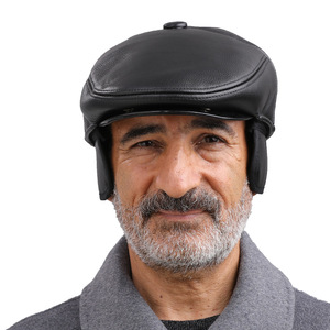 PU Front <b>Cap</b> Men's <b>Winter</b> Warm Fleece Lined Ear Protection Hat Black Middle Aged Elderly Hats - Product Image 5