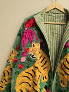 Green Velvet Tiger <b>Embroidered</b> <b>Women</b>’s <b>Jacket</b> with Colorful Floral Embroidery, Long Sleeve Designer Bohemian Outerwear - Product Image 5