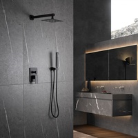 Ensemble de douche mural en laiton massif noir mat avec pommeau de douche carré effet pluie, douchette à main et robinetterie encastrée