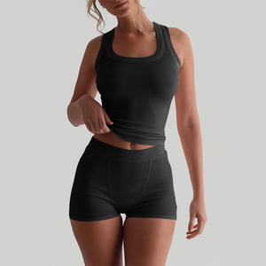 Abbigliamento Estivo per Donne, Etichetta Personalizzata, Abbigliamento Casual di Base, Top a Costine in <span class=keywords><strong>Cotone</strong></span> e Pantaloncini, Set Due Pezzi Loungewear per Donne - Product Image 4