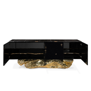 Meubles de cuisine modernes sur mesure, finition brillante, base en laiton martelé, plateau en marbre Sahara Noir, buffets noirs et dorés - Product Image 5