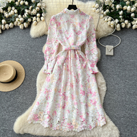 Robe chemise élégante en dentelle florale, coupe trapèze, manches longues, ceinturée, décontractée, pour soirée, mi-longue, pour femmes, pour tous les jours