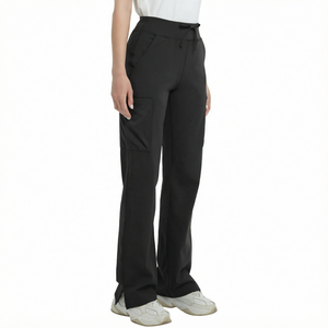 Pantalon de travail noir personnalisé pour femme avec cordon de serrage, devant plat, taille élastique, poches cargo latérales et ourlet fendu – Vente en gros - Product Image 1