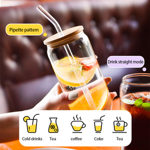 Vasos de Vidrio de Borosilicato con Tapa de Bambú y Pajita, Vaso Reutilizable Tipo Lata de Cerveza para Café Helado, Té, Zumo, Batidos y <span class=keywords><strong>Agua</strong></span> - Product Image 6