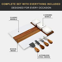 Planche à charcuterie LOMATO en marbre et bois d'acacia, nouveau design, avec 3 bols en céramique et un ensemble de couteaux en bambou - Durable et écologique