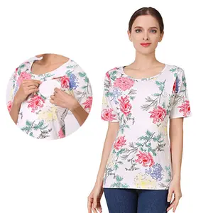 Emotion Moms Wholesale Maternity Clothes Stretch Cotton Short Sleeve Floral Breastfeeding T Shirt OEM Manufacturer