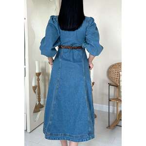 Vestido vaquero azul con mangas abullonadas, cuello cuadrado, corte en A, estilo vintage, transpirable, de longitud media para mujer - Product Image 1