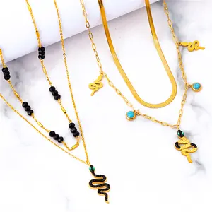 Collier Double Couche Personnalisé Serpent de Transport en Acier Inoxydable Turquoise Diamant Noir