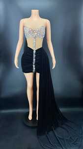 AD1183奢华水钻网眼拼接天鹅绒套装闪亮女士派对舞台表演服装舞会礼服 - Product Image 3