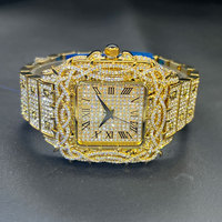 Jam Tangan Pria Fashion Mewah Emas Persegi Berlian Full Sky Star Jam Tangan Pria Model Baru Skeleton Bunga Quartz 2025