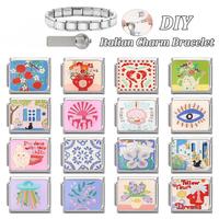 Gelang pesona multifungsi bergaya Italia DIY modular dari baja tahan karat berlapis elektro dengan desain bunga, mata, hati, dan kerang ala Eropa