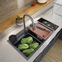 Robinet de cuisine intelligent numérique écologique fait main en acier inoxydable 304 et laiton, design cascade et pluie, 4 vitesses