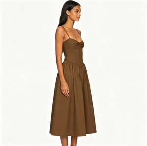 Abito Midi da <span class=keywords><strong>Donna</strong></span> Marrone Scuro con Spalline Sottili, Vita Stile Corsetto, Gonna Plissettata, Elegante Abito da Sera, Abbigliamento Estivo per Feste, Stile Vintage - Product Image 2