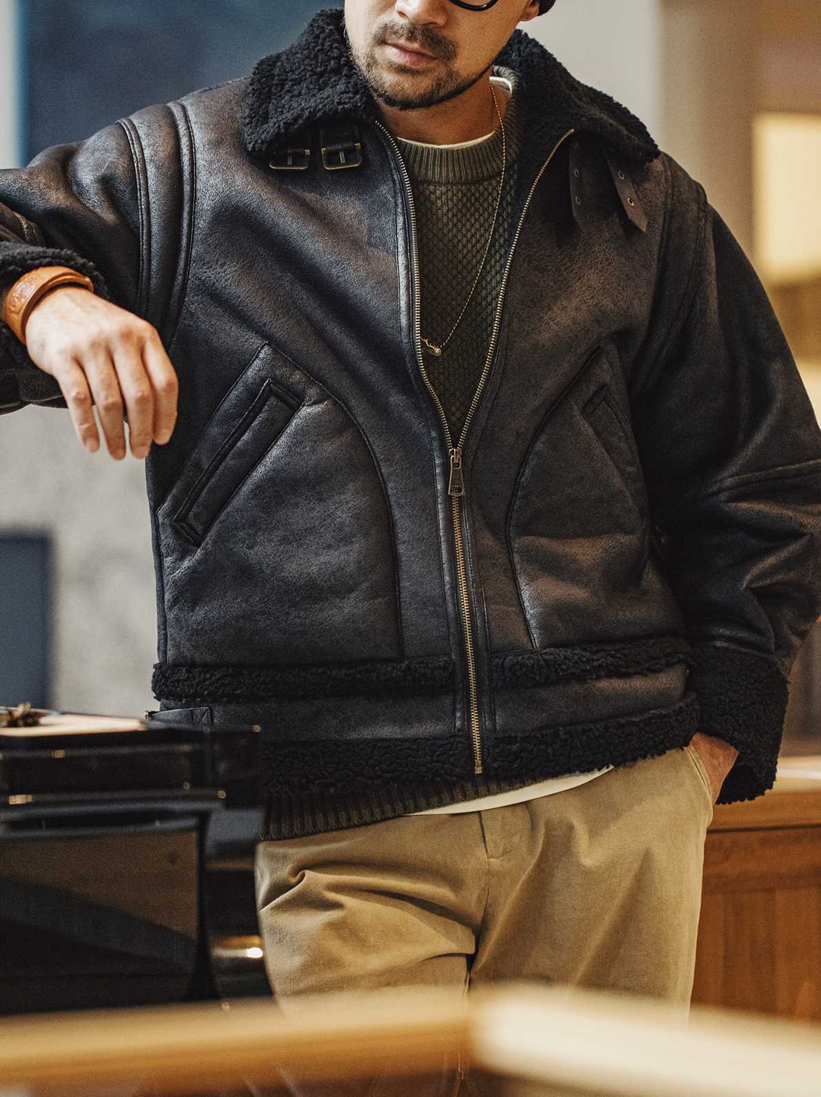 Amekaji Men's Retro B3 Bomber Leather Jacket Winter Padded Biker