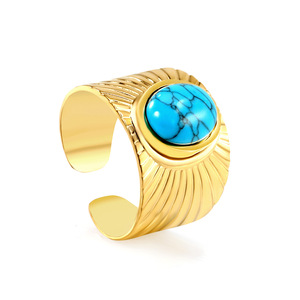 Fashion Cuff <b>Bracelet</b> Gold Tone Oval Blue Turquoise Bezel Set Geometric Design Open <b>Adjustable</b> Jewelry - Product Image 2