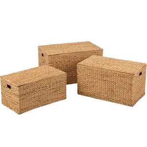 Vietnam handicraft woven straw square water hyacinth baskets for storage with lids seagrass boxes handmade wicker products