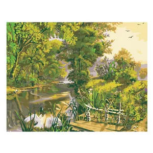 Lukisan minyak pemandangan indah hutan hijau padat sepanjang sungai bank Diy lukisan dinding dekoratif seni di kanvas