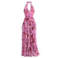 Robe longue élégante à col halter, motif floral, volants, sans manches, dos nu, fente, pour la plage, les vacances, les soirées, taille haute, coupe trapèze, pour femme