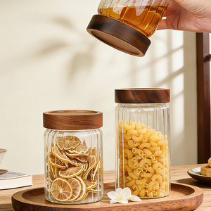 Botellas de Vidrio Transparente con Nervaduras y Tapas Herméticas de Madera de Acacia, Aptas para Lavavajillas, Frascos de Vidrio Borosilicato para Almacenamiento de Alimentos - Product Image 3