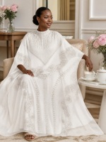Kaftan long à manches chauve-souris pour occasions festives, avec broderie perlée et pompons, kaftan islamique de luxe pour femmes, abaya musulmane