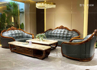 Canapé en bois d'ébène, ensemble de salon de luxe en cuir noir Antique, meubles sectionnel