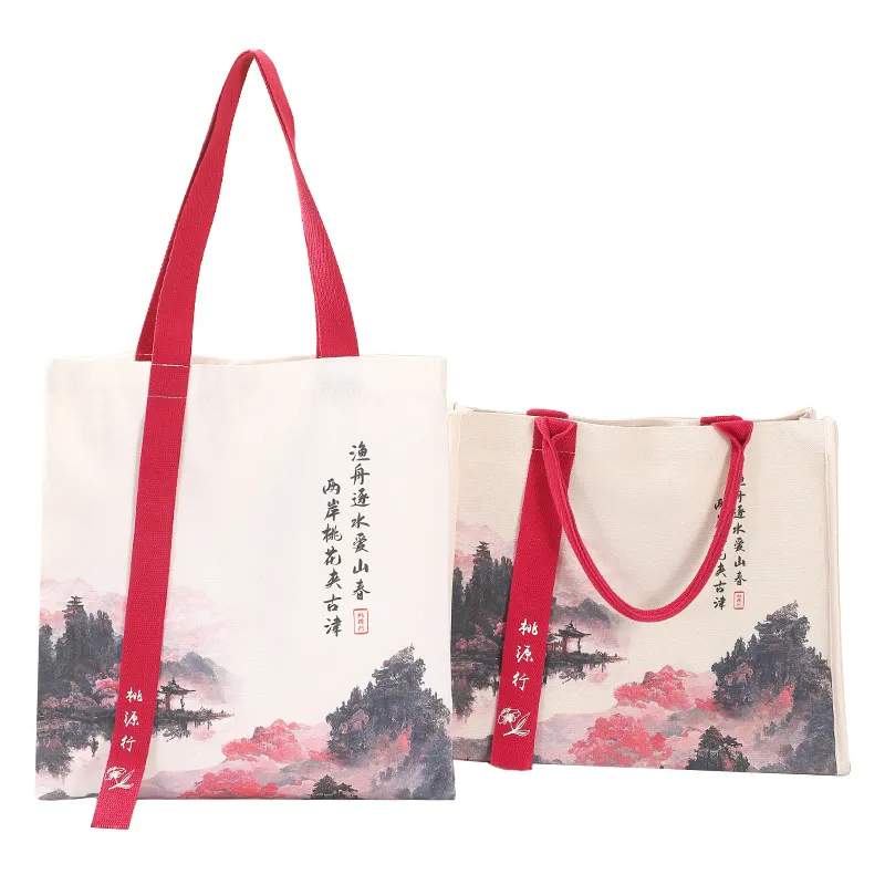 2024 Chinese style landscape painting poetry canvas waterproof tote bag with hidden buckle large capacity high quality