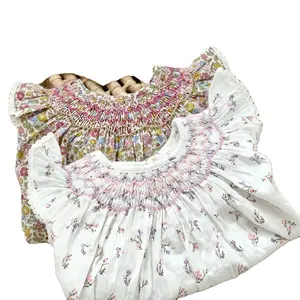 CRZX Customization Floral Smocked Dress Summer Flutter Sleeve Little Girls Dress Handmade Frock Dress Children