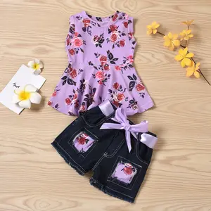 Set Pakaian Bayi Perempuan Musim Panas, Setelan Baju Balita Bayi Perempuan, Atasan Kaus Motif Bunga, Setelan Pakaian Celana Pendek Denim Busur, Pakaian Balita Anak Perempuan