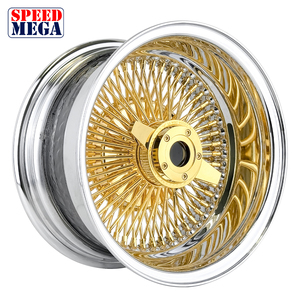 Jantes Wire Wheels 14x7 pouces, 100 rayons, à rayonnage droit inversé, chromées avec centre doré pour voitures classiques, Hot Rods et Lowriders - Product Image 2